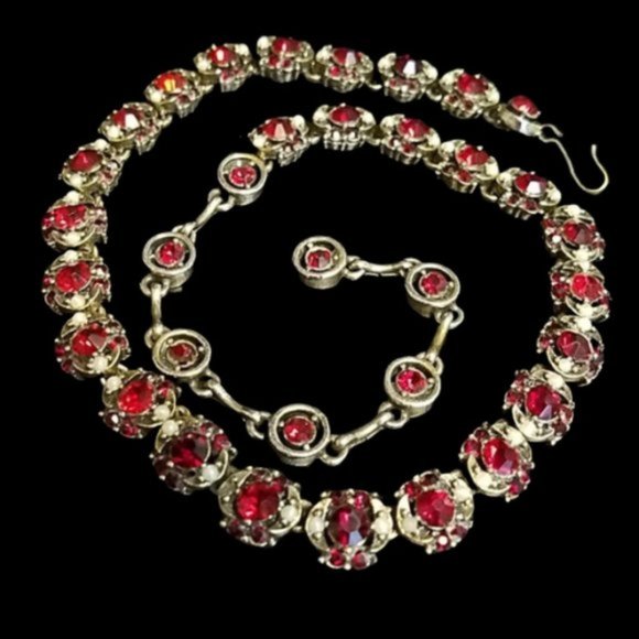 Vintage Hollycraft 1953 Red Rhinestone and Pearl Necklace - Picture 1 of 4